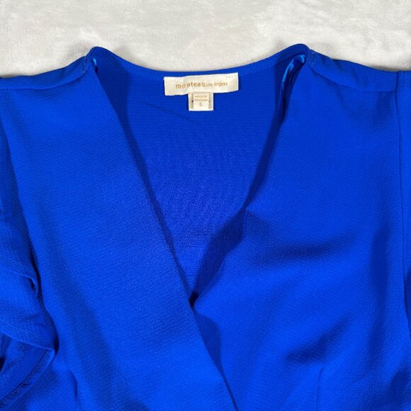 Monteau Los Angeles Shirt Top Women Size S Blue Short Sleeve V-Neck EUC - Picture 6 of 12